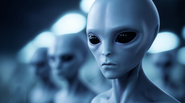 Grey alien figures standing in a futuristic environment symbolizing extraterrestrial life and science fiction.
