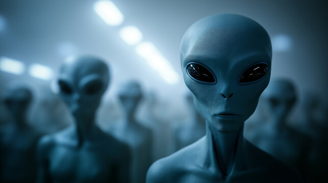 Grey alien figures standing in a futuristic environment symbolizing extraterrestrial life and science fiction.
