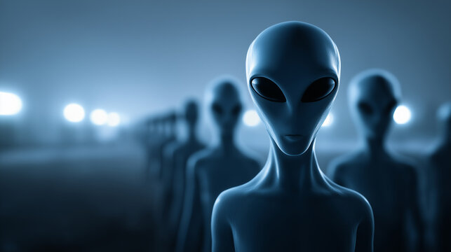 Grey alien figures standing in a futuristic environment symbolizing extraterrestrial life and science fiction.
