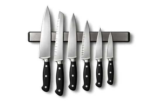 Set of professional kitchen knives hanging on a magnetic wall rack against a white background. Stainless steel blades and black handles for clean, modern food preparation and safe storage.