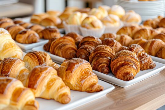 Freshly baked croissants and pastries on buffet table - Powered by Adobe