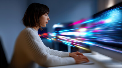 Professional woman working at a computer with colorful light trails symbolizing speed, data flow, and digital productivity.
