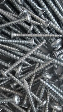 Close-up view of scattered metallic screws with textured heads and sharp threads