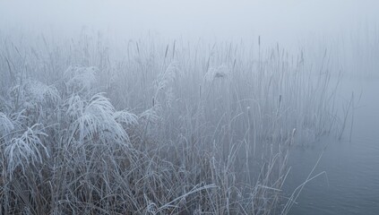Dense foggy winter marsh with frost-covered reeds and still water