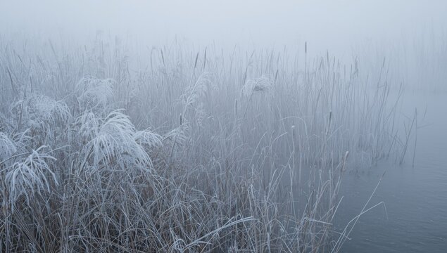 Dense foggy winter marsh with frost-covered reeds and still water