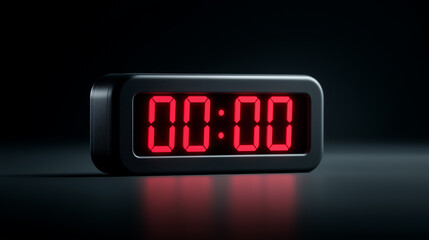 Digital alarm clock displaying zero time on a dark reflective surface symbolizing countdown and deadline.
