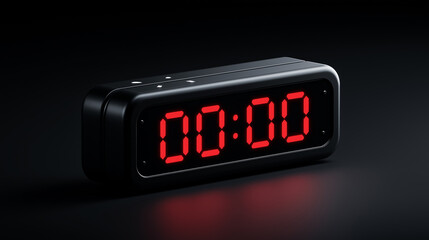 Digital alarm clock displaying zero time on a dark reflective surface symbolizing countdown and deadline.
