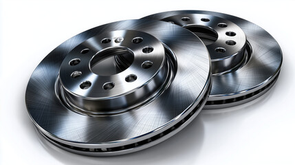 Brake discs and brake pads arranged symmetrically, machined metal surfaces and friction material visible, isolated on white background, auto service and safety concept