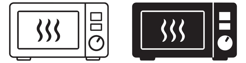 Line art and solid microwave oven icon set featuring heat waves for kitchen appliances