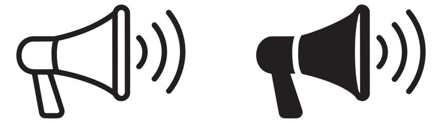 Modern megaphone icon set featuring outline and solid versions emitting sound for alerts and announcements