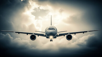 Naklejka premium Airplane flying through cloudy sky with sun shining through clouds