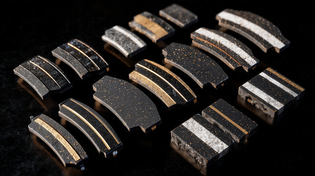 Brake pads and linings laid out in sequence, friction surfaces clearly visible, industrial realism, isolated on black background, braking system service theme