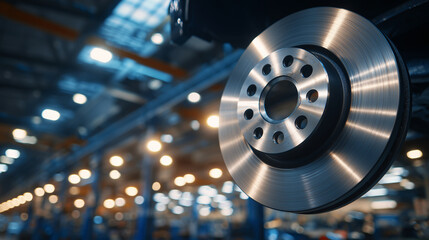 Cinematic close-up of ventilated brake discs, metallic shine and radial grooves visible, warm bokeh background creating depth, professional auto service visual