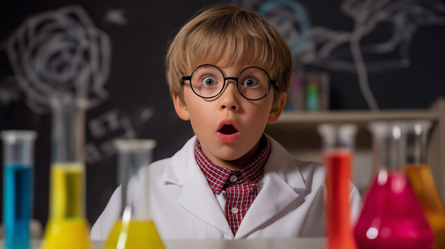 Surprised young boy dressed as a scientist conducting a colorful chemistry experiment in a laboratory.
 - Powered by Adobe