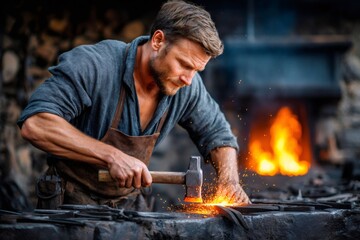 Blacksmith forging hot metal with hammer and sparks