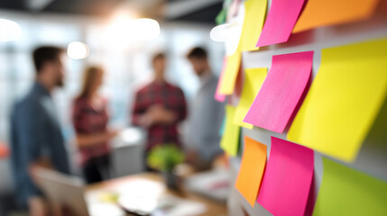 Colorful sticky notes on glass wall during a creative brainstorming session in a modern office.
