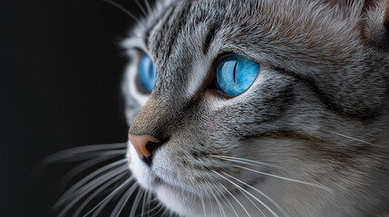 Close-up portrait of a gray tabby cat with striking blue eyes against a dark background.
