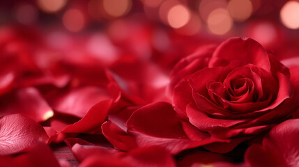 Naklejka premium Minimalist flat lay of luxurious red rose petals, organic placement, soft lighting enhancing rich tones, refined romantic mood suitable for elegant branding