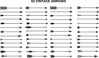 Set of 52 Black Vintage Arrows Vector Collection Isolated on White
