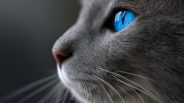 Close-up portrait of a gray tabby cat with striking blue eyes against a dark background.
 - Powered by Adobe