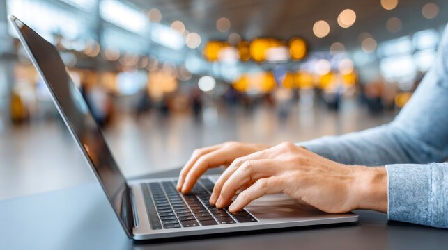Person typing on laptop keyboard at airport - Powered by Adobe
