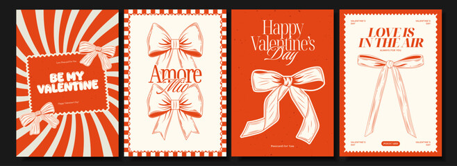 A collection of 4 retro Valentine's Day posters with vintage-style bows, romantic phrases, textured backgrounds, and bold typographic layouts. Ideal for greeting cards, prints, or digital use.