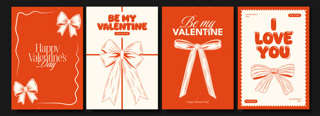 Set of 4 romantic Valentine's Day posters featuring vintage-style bows, heartfelt messages, and retro textures in red and cream. Ideal for holiday cards, printables, and social media.