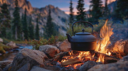 Metal kettle boiling vigorously over an open campfire, bright orange flames licking the base, glowing embers and burning logs beneath, wild forest surroundings at dusk, outdoor cam