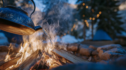Cinematic close-up of kettle spout releasing steam, firewood crackling below, flames reflecting in the metal surface, cozy wilderness camping mood