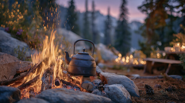 Cinematic outdoor scene of a steel kettle heating over a roaring campfire, sparks flying from burning logs, forest floor covered with pine needles, preparing hot drink during campi