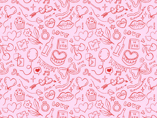 Seamless Valentine Love Doodle Pattern with Hearts and Romantic Icons