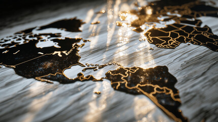 Symbolic scene of dark oil flowing across planet Earth map, dramatic shadows and reflections, global pollution crisis and urgent sustainability message