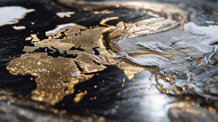 Macro cinematic shot of oil stream spreading across continents, world map texture visible beneath reflective liquid, environmental responsibility and fossil fuel crisis theme