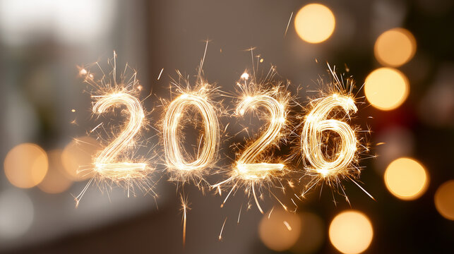 Sparkler light forming the number 2026 against a dark background, symbolizing celebration, future, and New Year.

