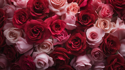 Close-up arrangement of red and pink roses forming a romantic floral background symbolizing love and elegance.
