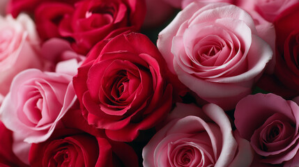 Obraz premium Close-up arrangement of red and pink roses forming a romantic floral background symbolizing love and elegance. 
