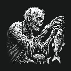 Zombie Fishermans Catch: A Darkly Humorous Illustration of Undead Angling.