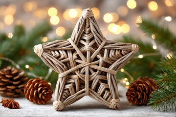 Wicker star christmas decoration with pine cones and bokeh lights
