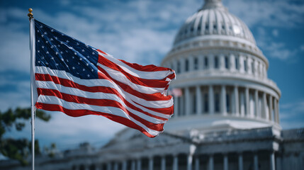 Low-angle shot of the United States Capitol, American flag in soft focus behind the dome, clear sky, patriotic and political imagery emphasizing heritage