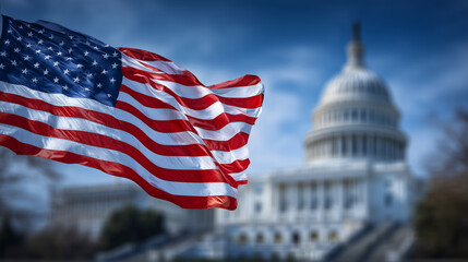 Cinematic wide-angle view of the Capitol, foreground dominated by a vibrant American flag waving, sunlight highlighting flag folds, clear sky, patriotic and governmental symbolism