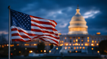 Golden hour illumination on the Capitol building, dome highlighted, waving American flag behind, symbol of national identity, politics, and governance