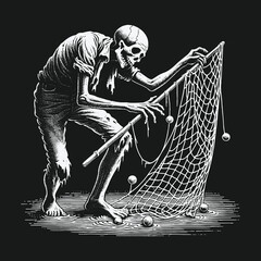 Grim Reapers Catch: A Skeletons Haunting Fishing Net Illustration.