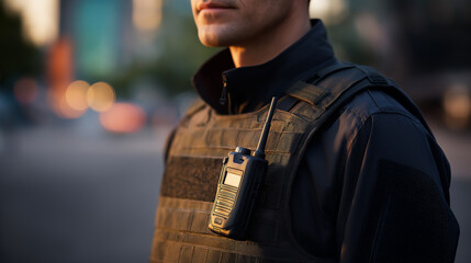 Security or law enforcement officer wearing tactical vest with radio communication device, symbolizing protection and authority.
