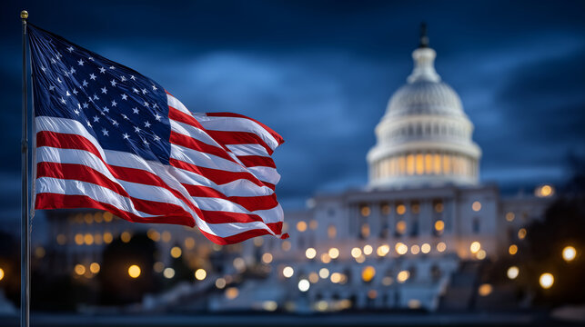 Dusk scene of the United States Capitol building, lights glowing from windows, large American flag gently lit in background, government and democracy visualization