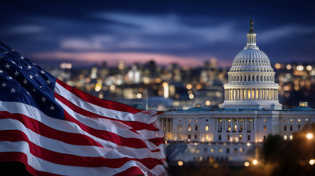 Dusk scene of the United States Capitol building, lights glowing from windows, large American flag gently lit in background, government and democracy visualization