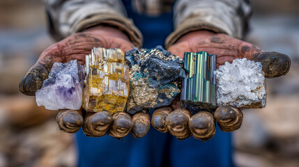 Macro view of hand presenting mineral specimens, rich colors of quartz, pyrite, and malachite, dirt-streaked fingers, natural resource and mining concept