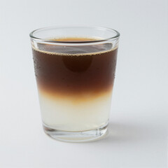 Studio shot of layered Americano coffee in a clear glass with a milk bottom, middle gradient, and dark top.