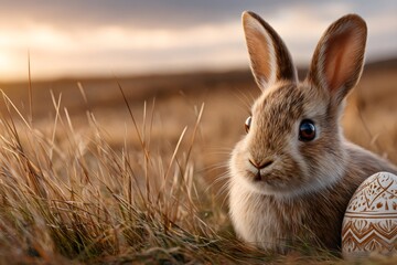 Easter bunny rabbit hiding with decorated egg at sunset