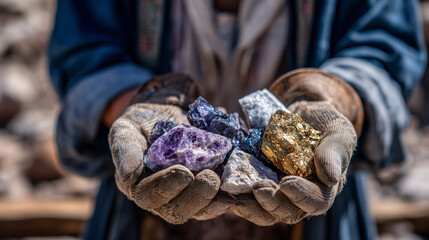 Close-up of a gloved hand holding metallic and colorful mineral rocks, sunlight glinting off crystalline surfaces, mining industry and resource extraction emphasis