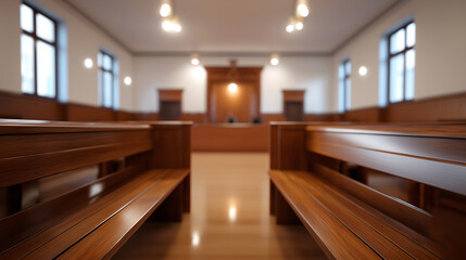Empty wooden courtroom benches viewed from the center aisle, symbolizing justice, law, and solemn authority.
